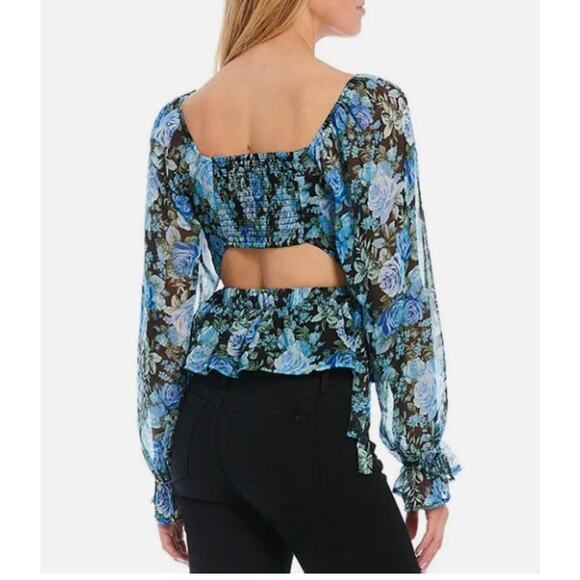 NWT WAYF Floral Square Neck Cut Out Back Smocked Back Peplum Crop Top Size Large - Picture 1 of 10